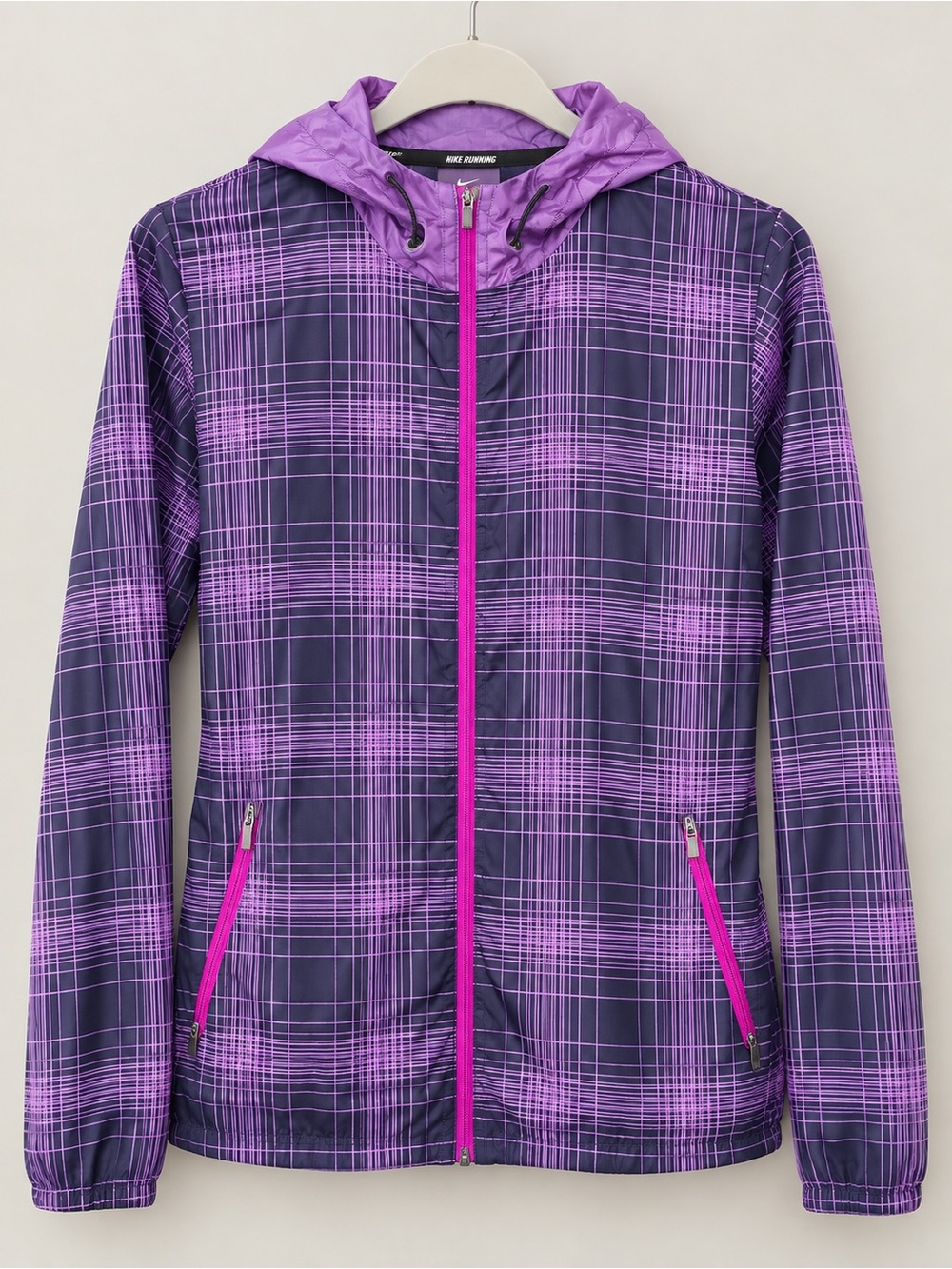 Nike Women’s Purple Plaid Hooded Windbreaker with Hot Pink Zips
